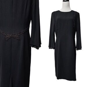 Vintage Donna Morgan Black Sheath Dress Long Sheer Sleeve Beaded Back Size 6